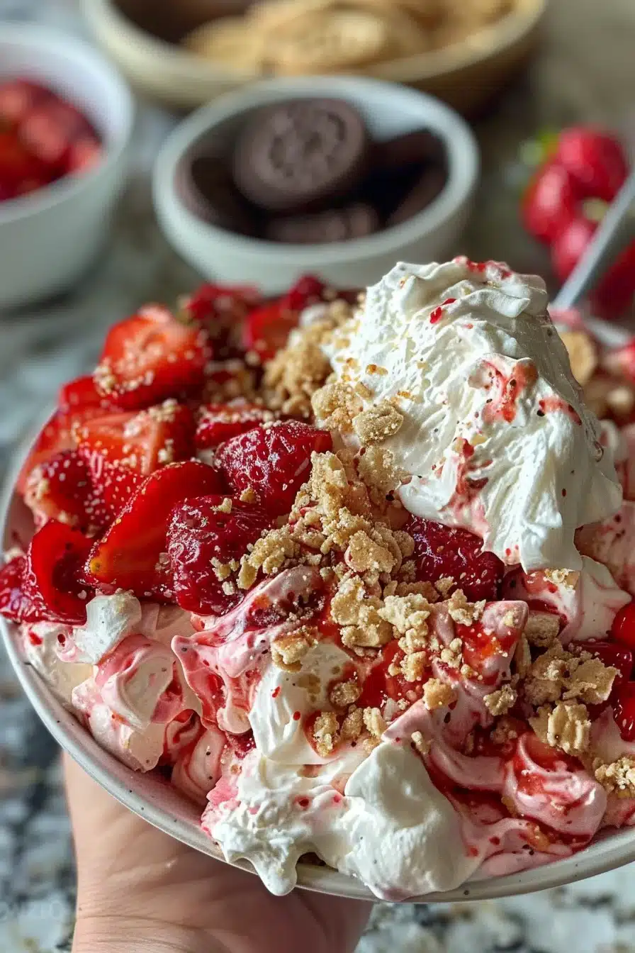 strawberry-crunch-pie-dip-1 homemade strawberry crunch pie dip topping in bowl
