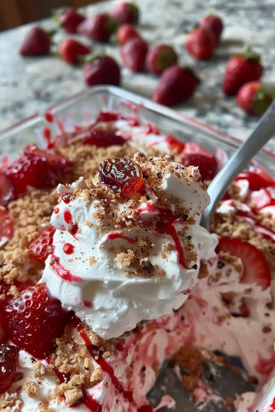 strawberry-crunch-pie-dip-2 strawberry crunch pie dip in a clear pie dish with toppings