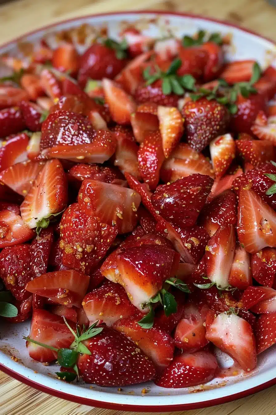 strawberry-crunch-pie-dip-3 Fresh sliced strawberries on a plate, ready to be used for Strawberry Crunch Pie Dip.