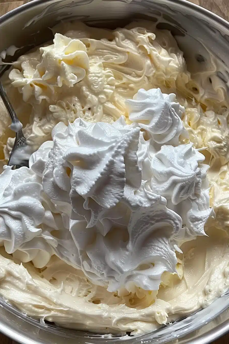 strawberry-crunch-pie-dip-4 Cream cheese and marshmallow cream being whipped together for Strawberry Crunch Pie Dip.