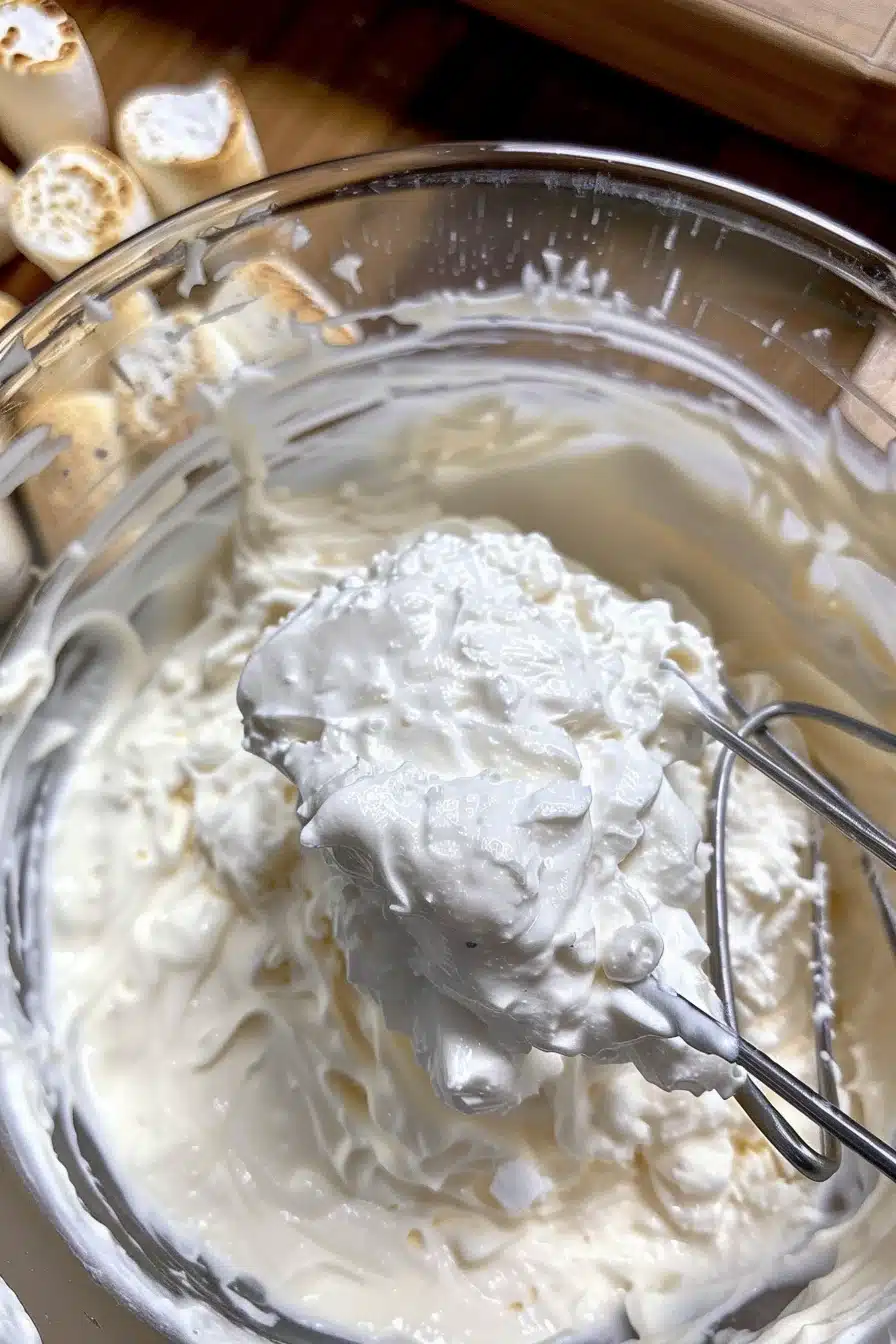 strawberry-crunch-pie-dip-5 Whipped cream cheese and marshmallow mixture for Strawberry Crunch Pie Dip in a glass bowl.