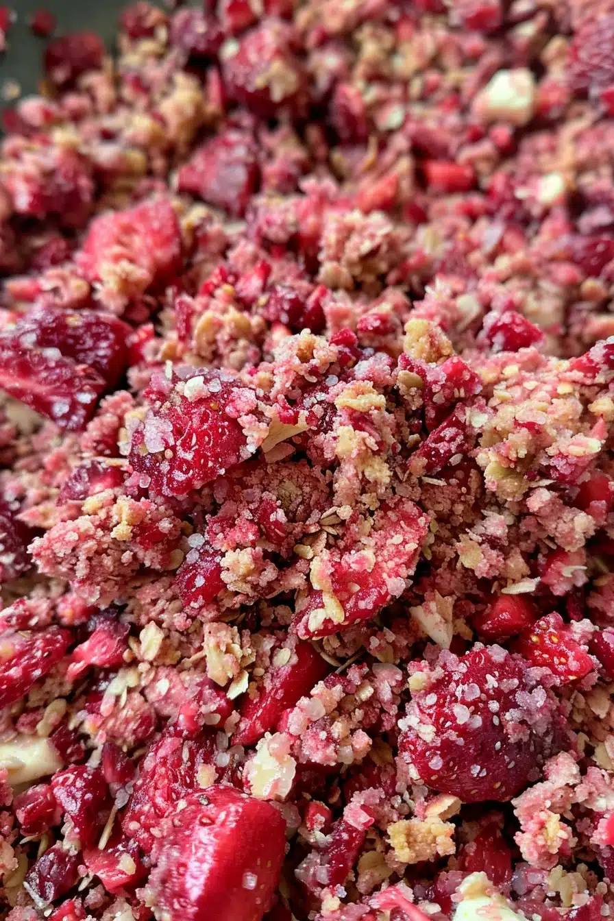 strawberry-crunch-pie-dip-6 Freshly chopped strawberries dusted with golden freeze-dried strawberry crumbs for a strawberry crunch pie dip.