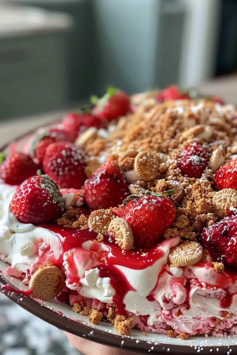 trawberry Crunch Pie Dip topped with strawberry crumble in a glass pie dish