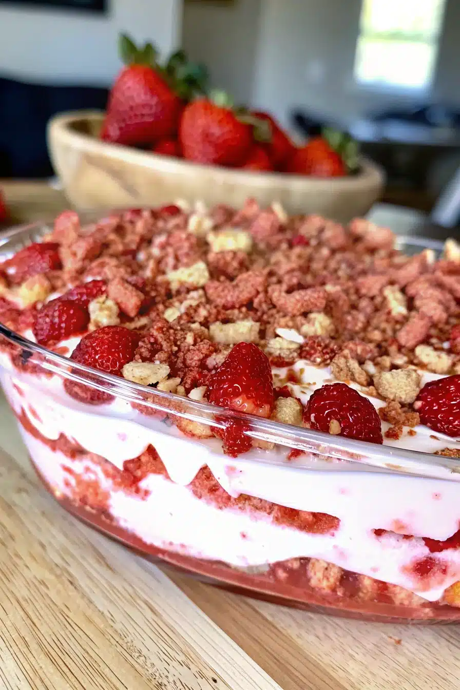 strawberry-crunch-pie-dip-8 individual servings of strawberry crunch pie dip on party table