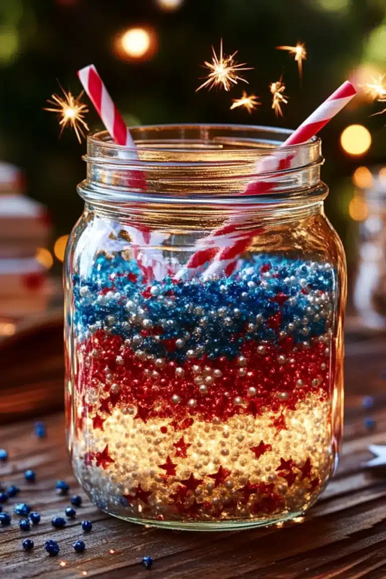 4th of July fireworks jar glowing with patriotic colors and glitter